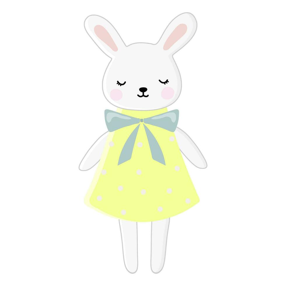 Bunny girl in a dress, vector illustration on a white background. Can be used as a print on children's clothing, greeting cards, invitations to children's parties, room poster.