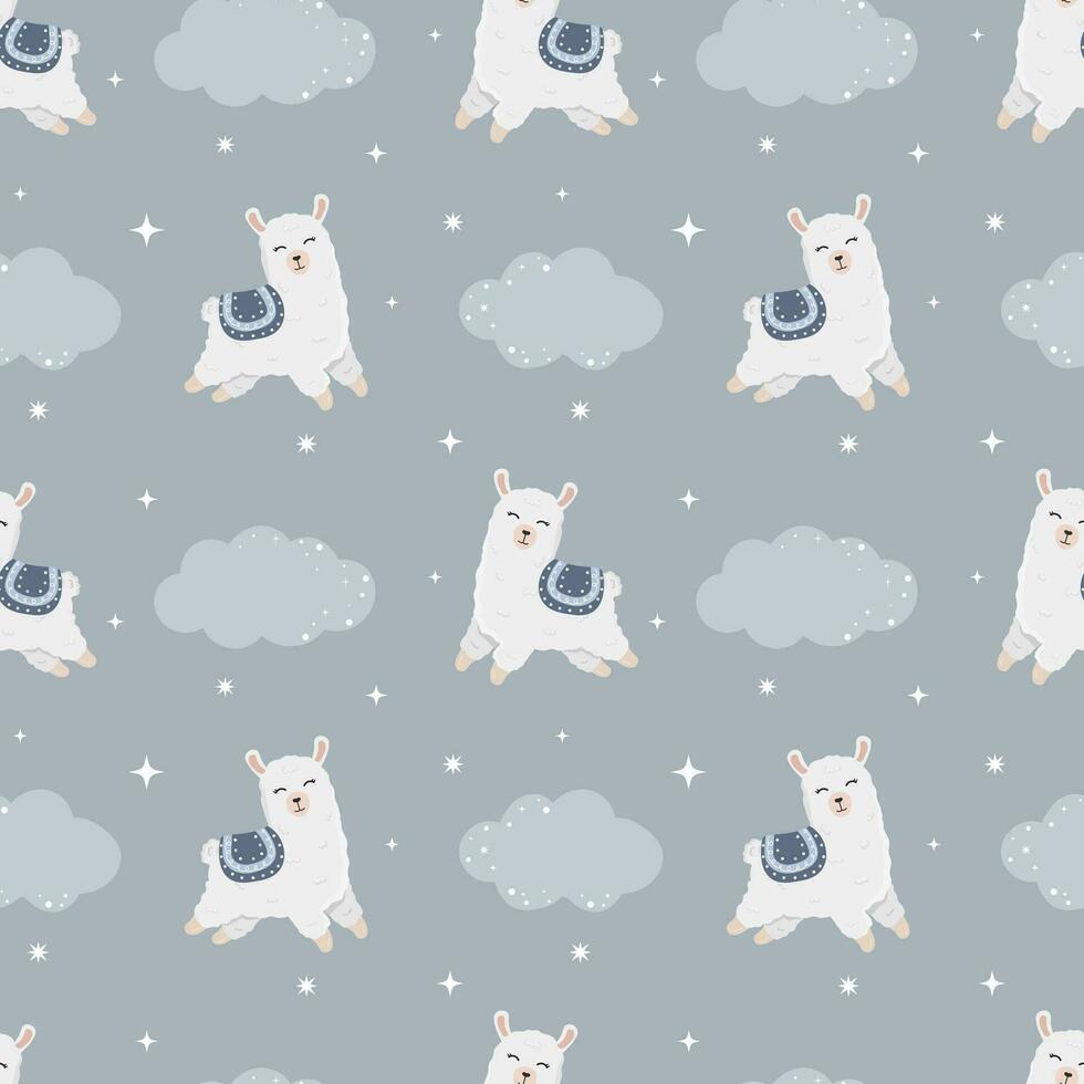 Seamless vector pattern with llama, stars and clouds. Baby background for wrapping paper, greeting cards, design.