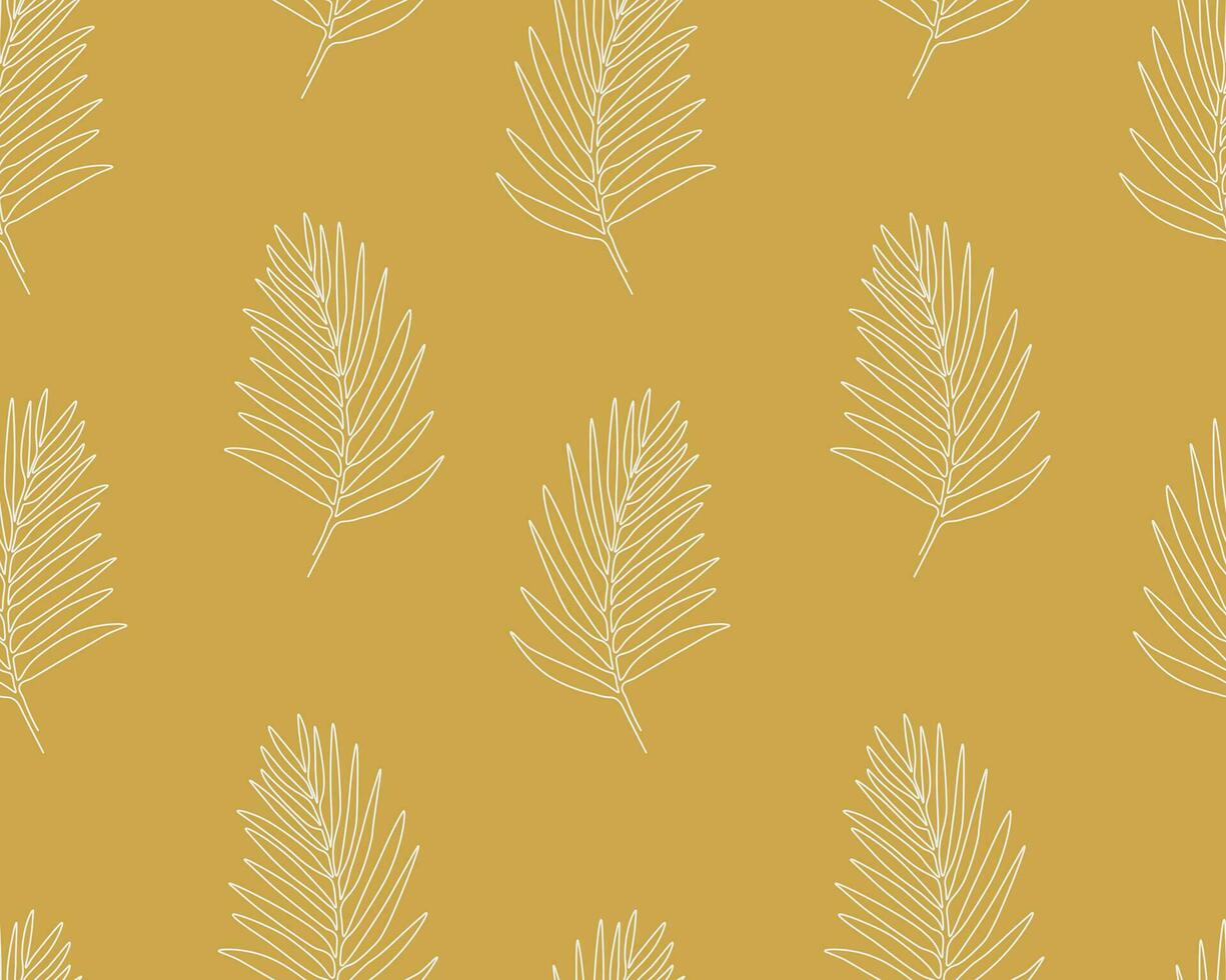 Seamless pattern with palm leaves on gold background. Continuous one line drawing palm leaf. White line art on gold background. vector