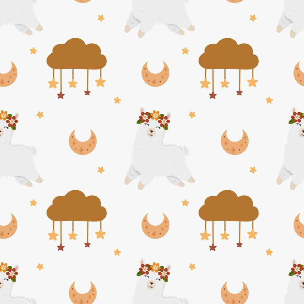 sin costura vector modelo con alpaca, estrellas y Luna. de moda bebé textura para tela, fondo de pantalla, vestir, envase. linda llama