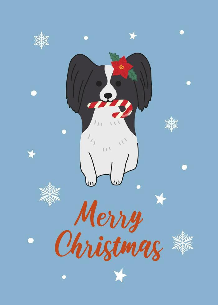 Christmas Papillon in hand drawn style. Greeting text Merry Christmas. Beautiful illustration for greeting cards, posters and seasonal design. vector