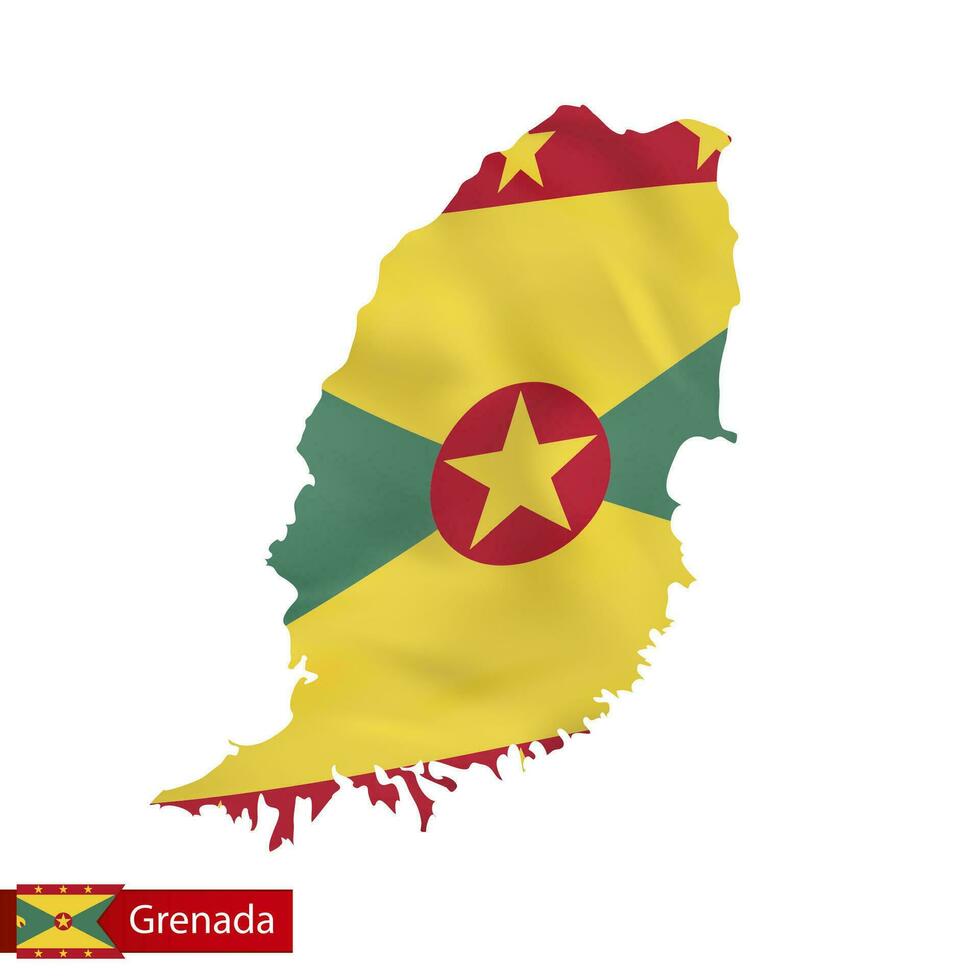 Grenada map with waving flag of country. vector