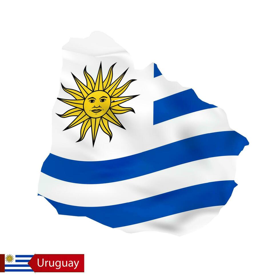 Uruguay map with waving flag of country. vector