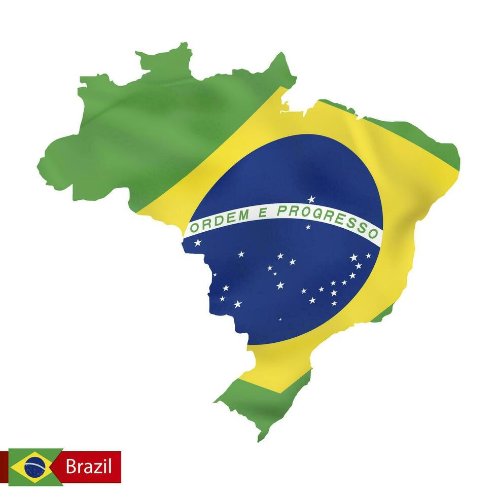 Brazil map with waving flag of country. vector