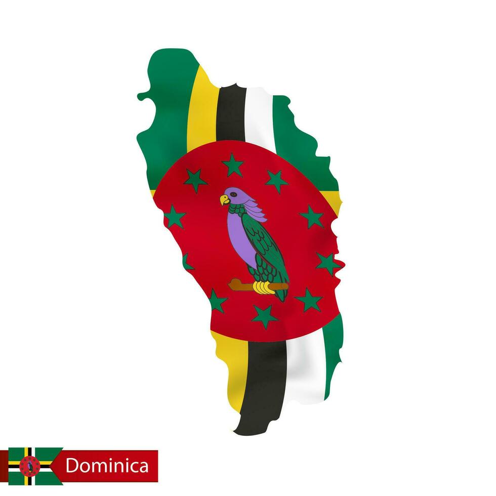 dominica mapa con ondulación bandera de país. vector