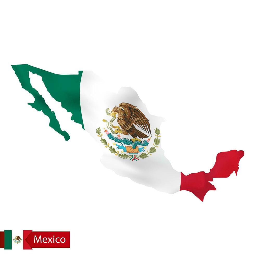 Mexico map with waving flag of country. vector