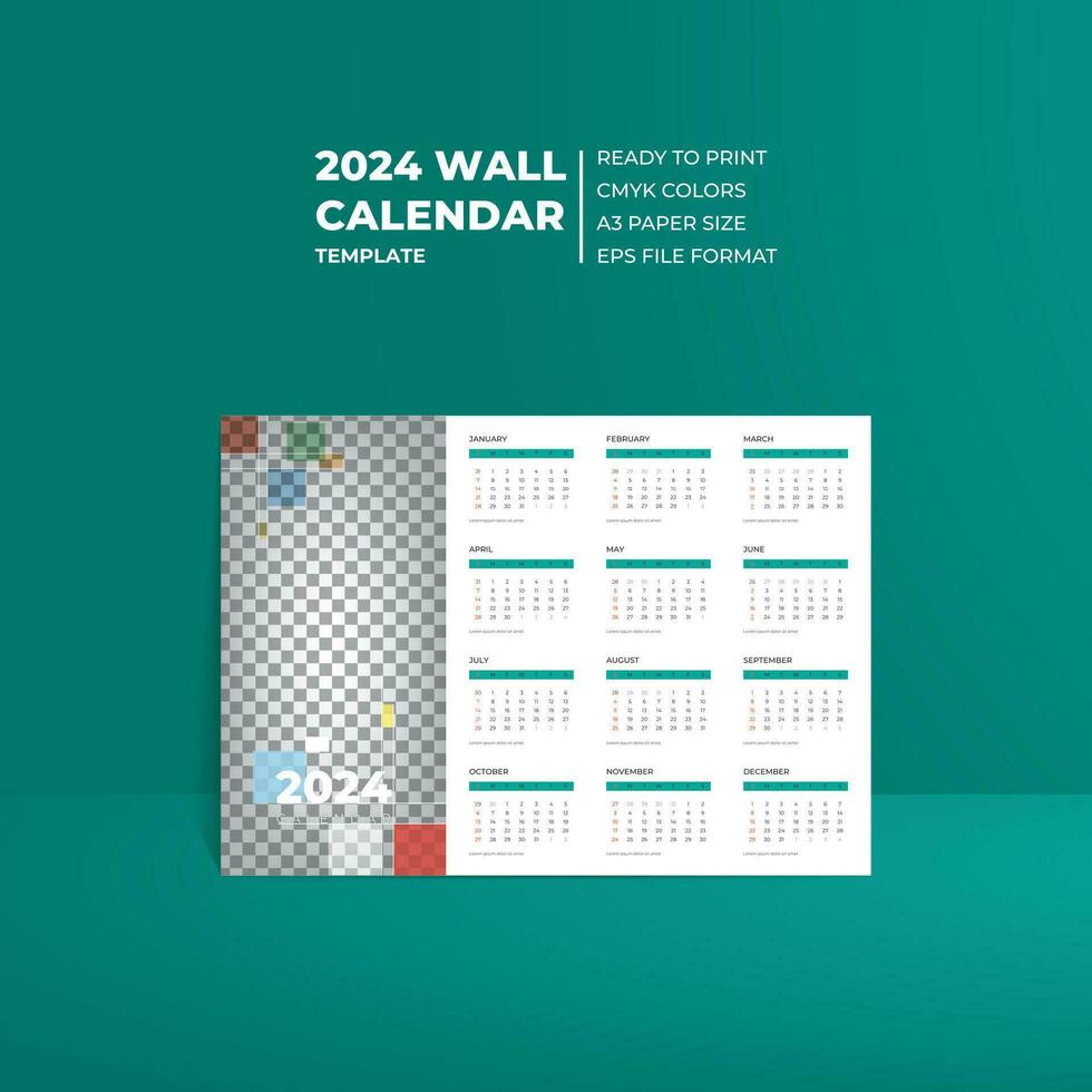 CMYK Colors Profile Single Page Company 2024 Wall Calendar Template with Portrait Space for Picture vector