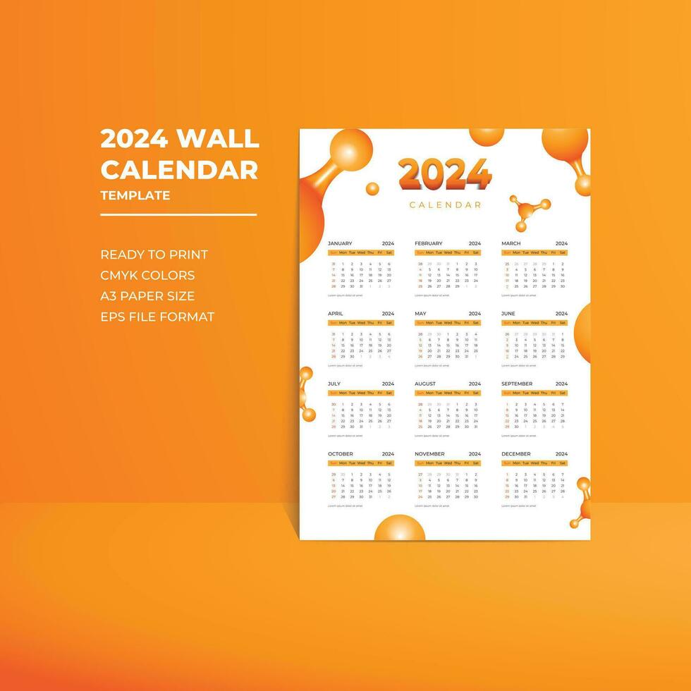CMYK Colors Profile Single Page 2024 Wall Calendar Template with Abstract Orange Liquid Theme vector