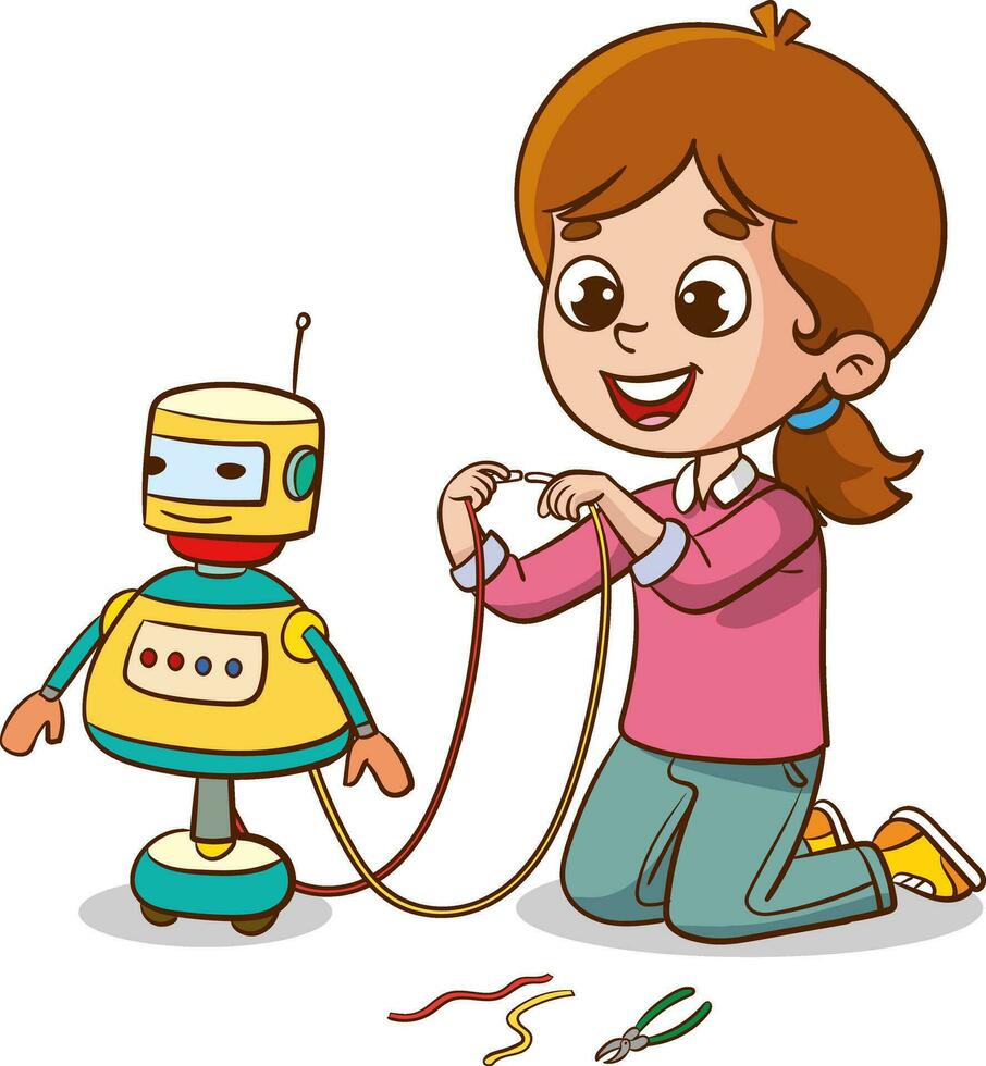 vector illustration of children playing with robot