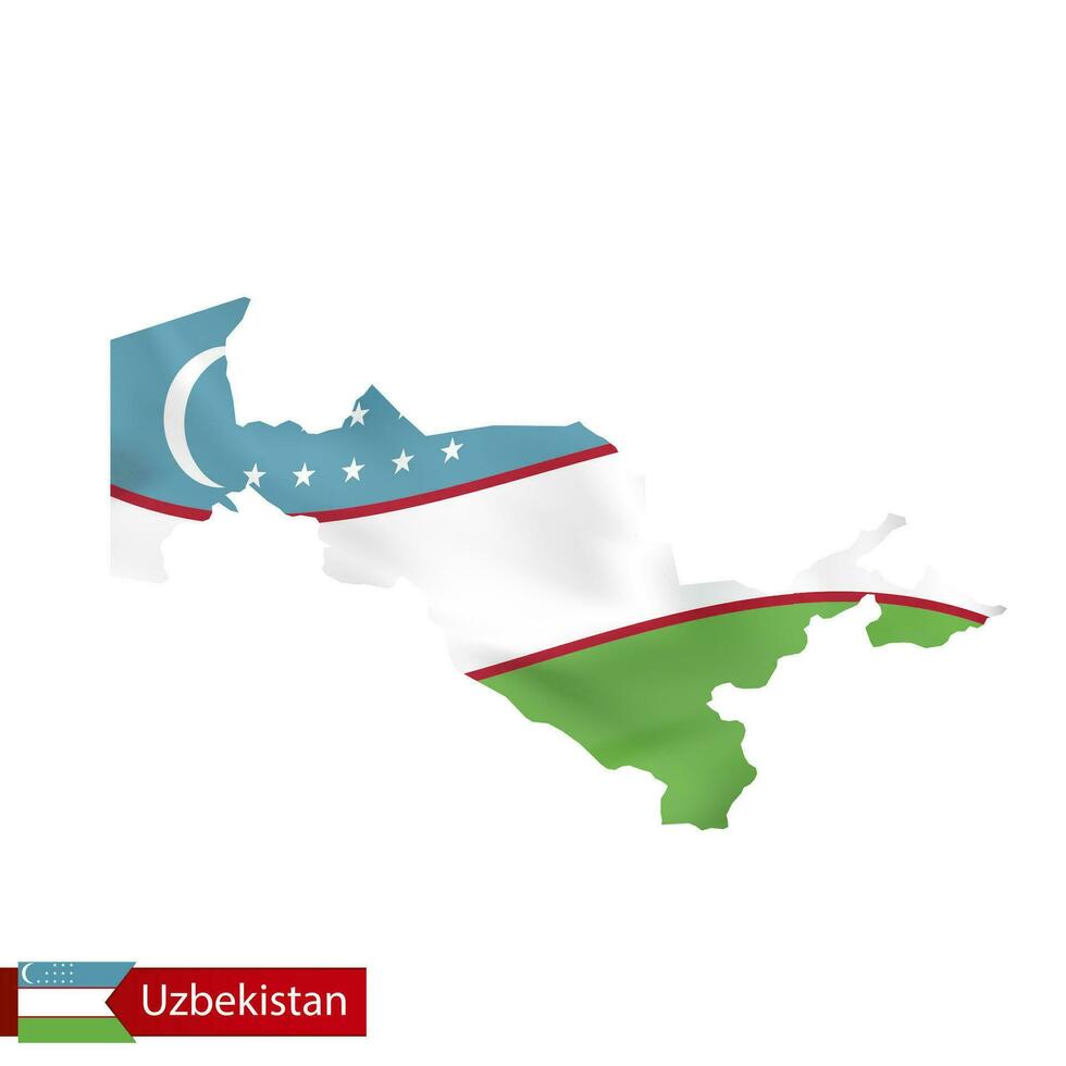 Uzbekistán mapa con ondulación bandera de país. vector