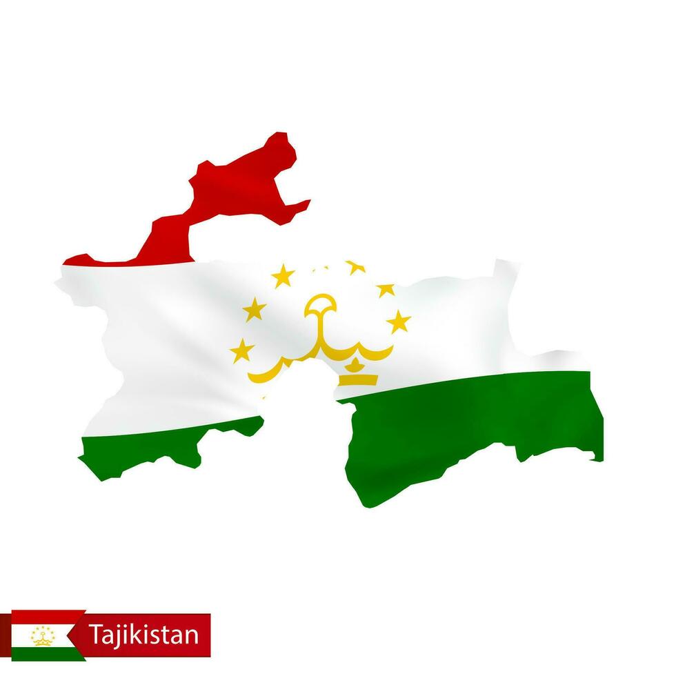 Tajikistan map with waving flag of country. vector