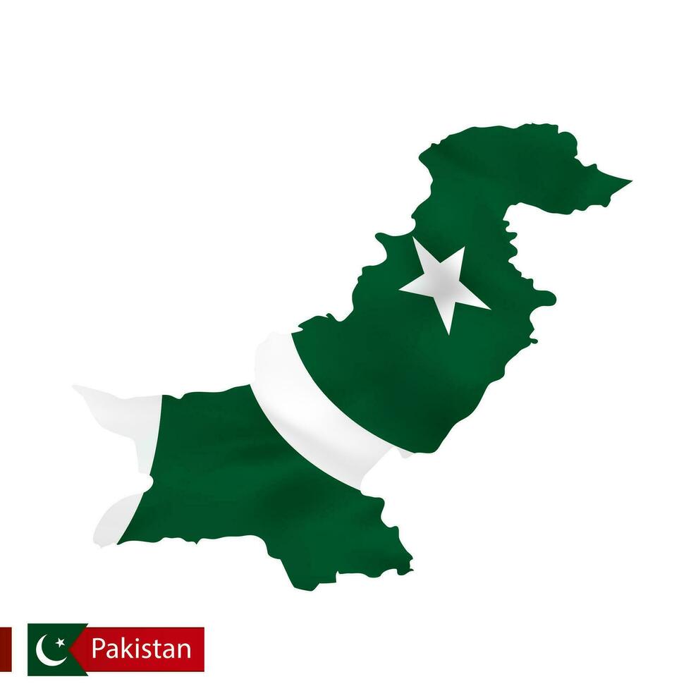 Pakistan map with waving flag of country. vector