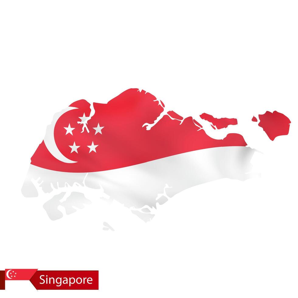 Singapur mapa con ondulación bandera de país. vector