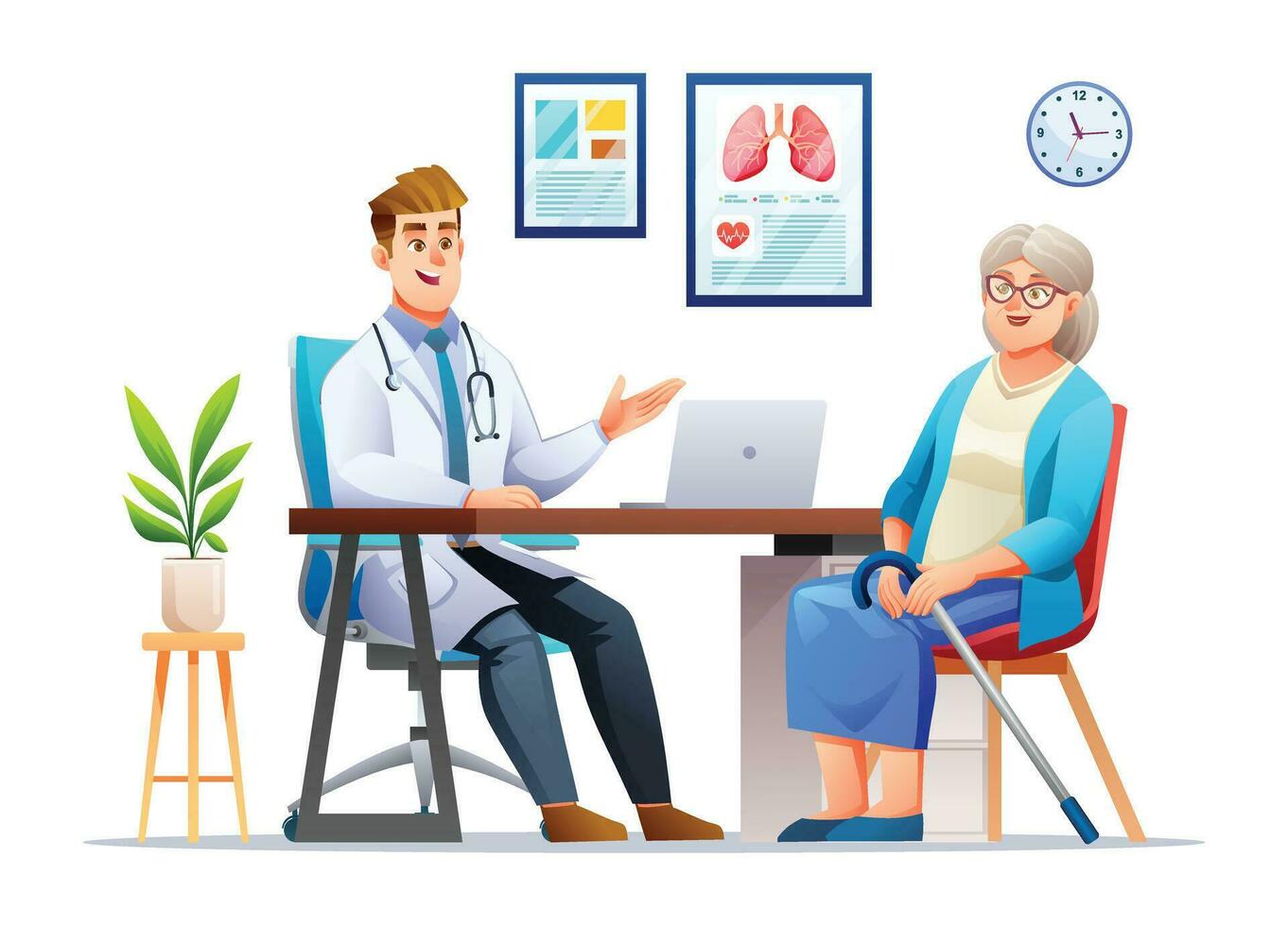 Doctor talking to senior female patient in hospital office. Medical consultation concept. Vector cartoon character illustration