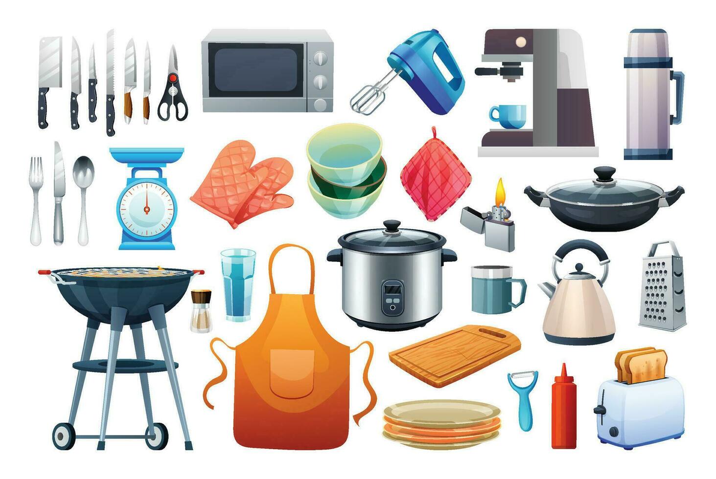 batería de cocina conjunto vector ilustración. cocina utensilios colección aislado en blanco antecedentes