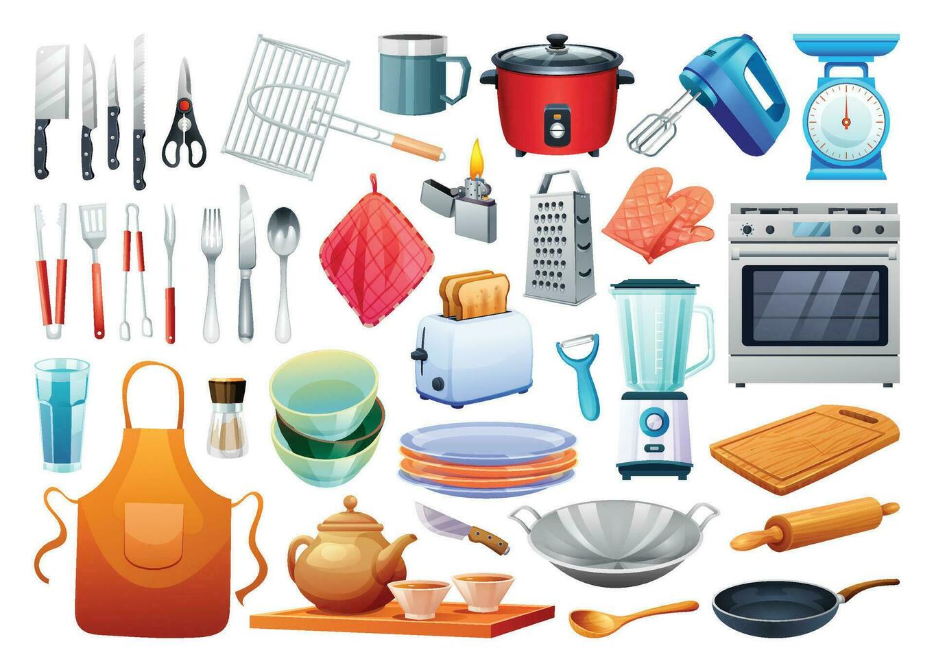 conjunto de cocina utensilios cocina herramientas, batería de cocina colección vector ilustración aislado en blanco antecedentes