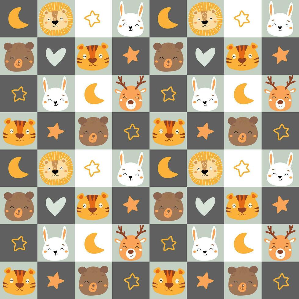 Seamless pattern with cute animal faces. Baby print with bears, rabbits, deer. Vector graphics.