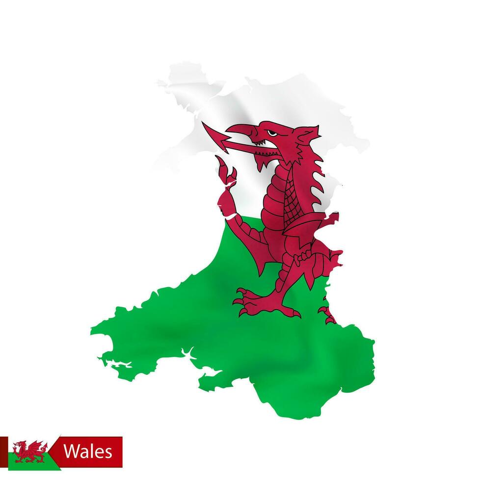 Gales mapa con ondulación bandera de país. vector