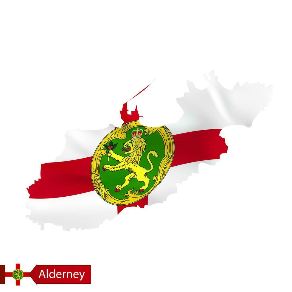 Alderney mapa con ondulación bandera de país. vector