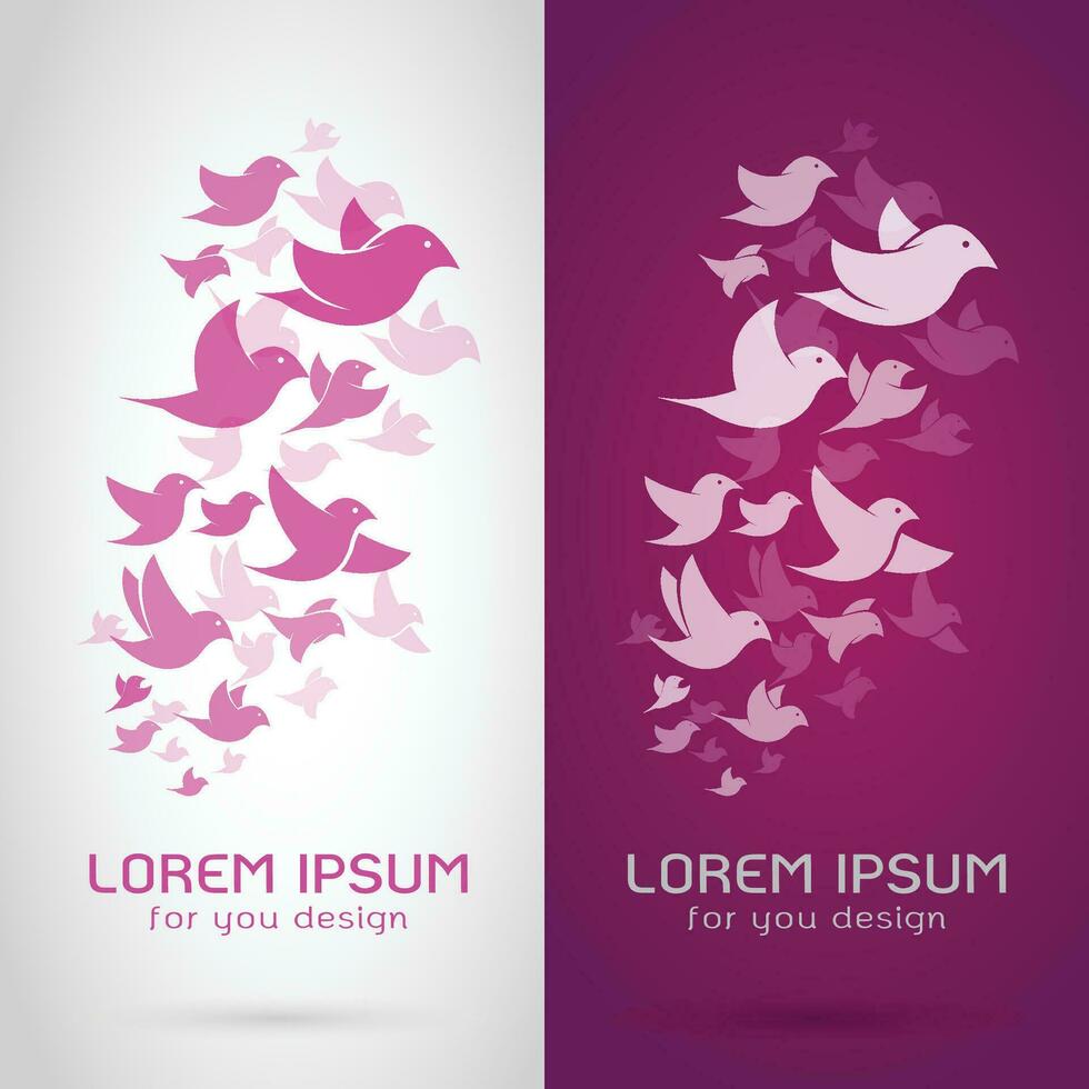 Vector image of an bird flock design on white background and purple background, Logo, Symbol