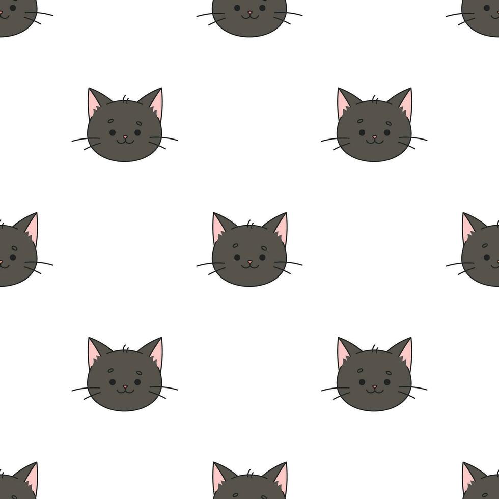 Black Cat muzzle pattern. Cat character is in doodle style for designing baby clothes. Hand drawn seamless pattern with cartoon Kitten. Bohemian nursery print. Vector illustration