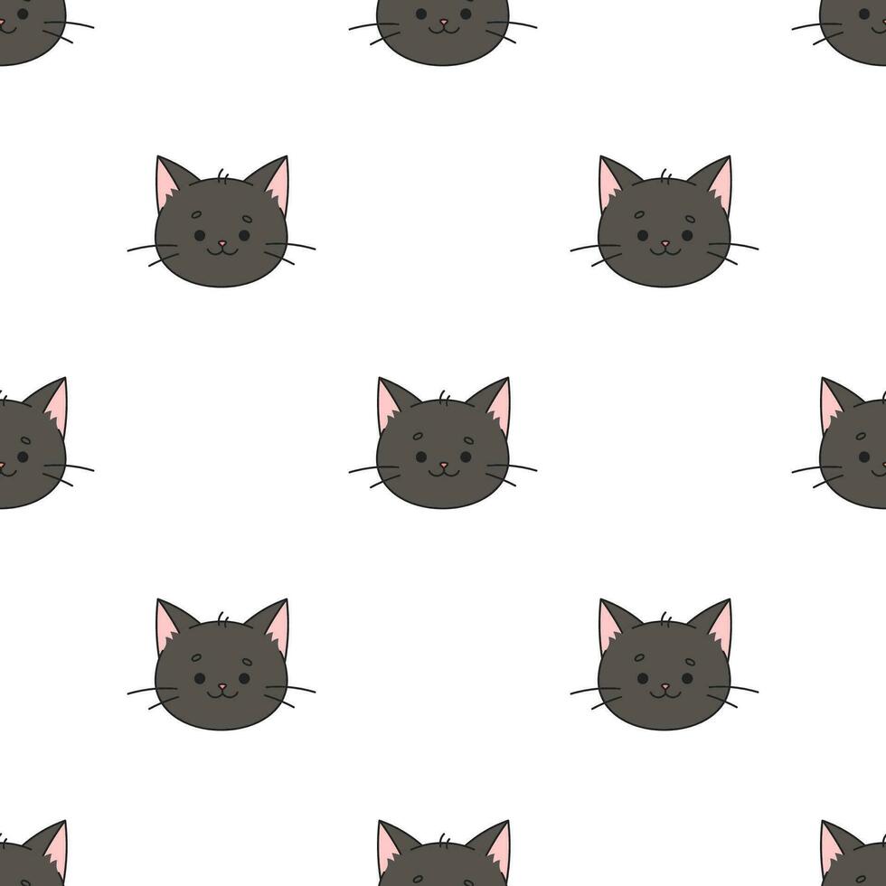 Black Cat muzzle pattern. Cat character is in doodle style for designing baby clothes. Hand drawn seamless pattern with cartoon Kitten. Bohemian nursery print. Vector illustration