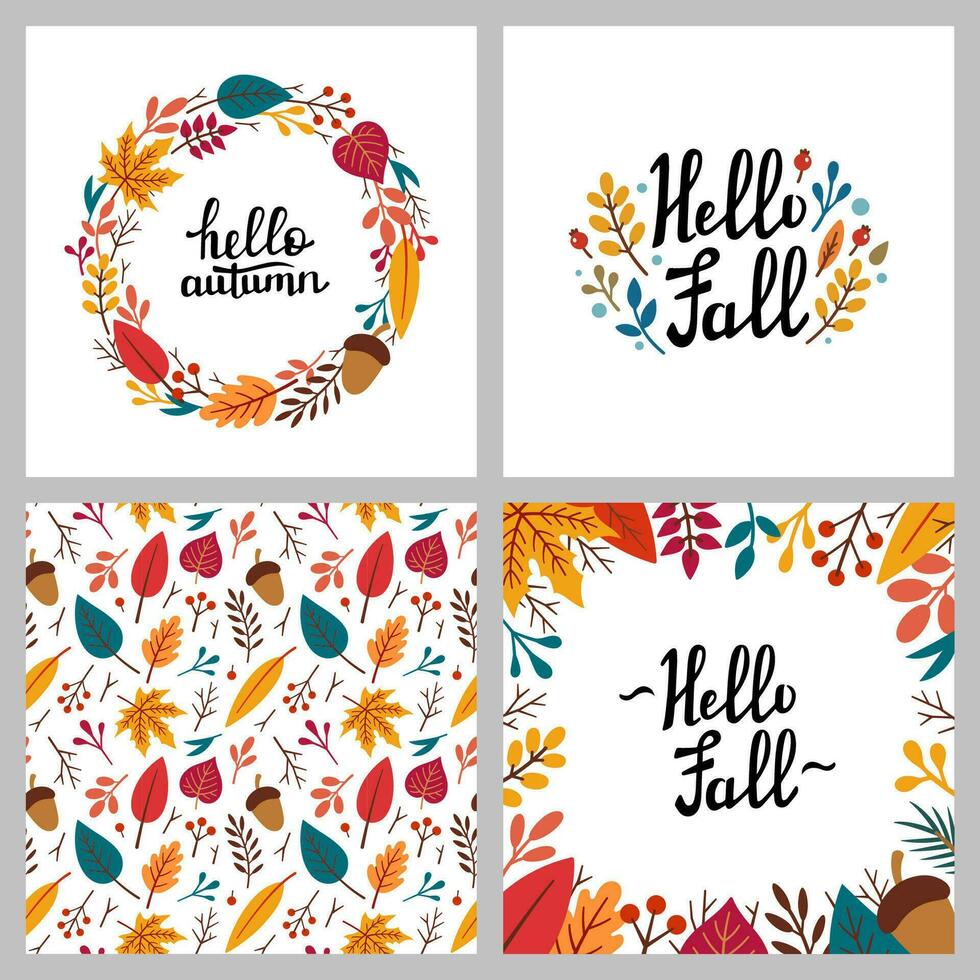 Autumn seamless pattern, round frame with lettering HELLO FALL. Vector floral illustrations set. Autumn elements - acorn, apple, leaves, berries. Doodle style. Hand drawn Vector autumn illustration