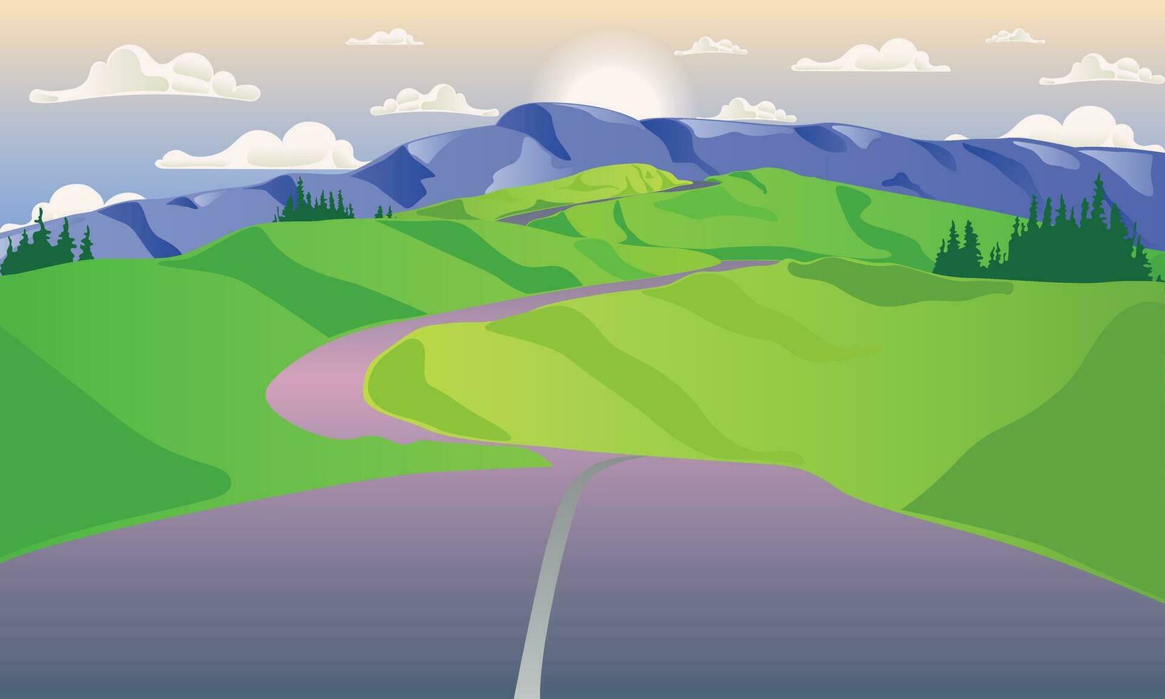 landscape of green mountains with cloudy sky at sunset, gradient vector illustration
