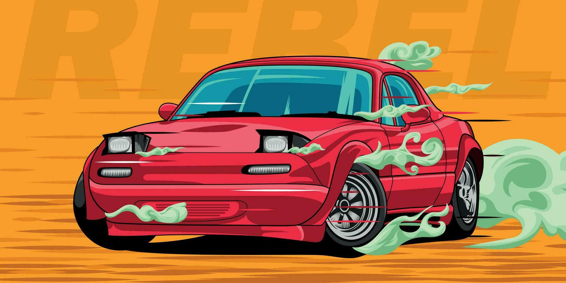 fast red car, vector digital illustration of car running at high speed