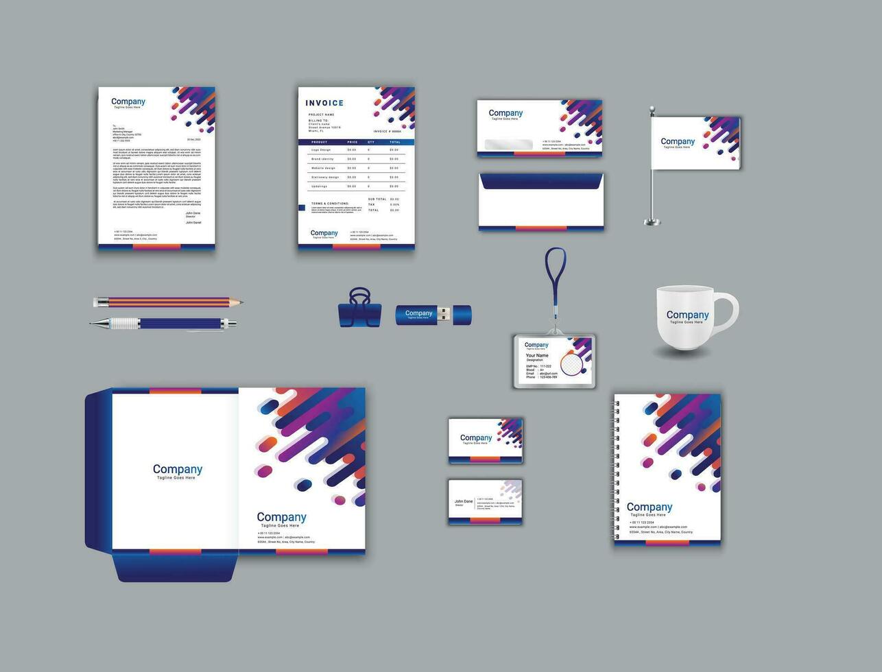 office business stationary set in blue color, white background vector design with letter head envelop folder id card notepad usb paper clip pen pencil cup business card flag