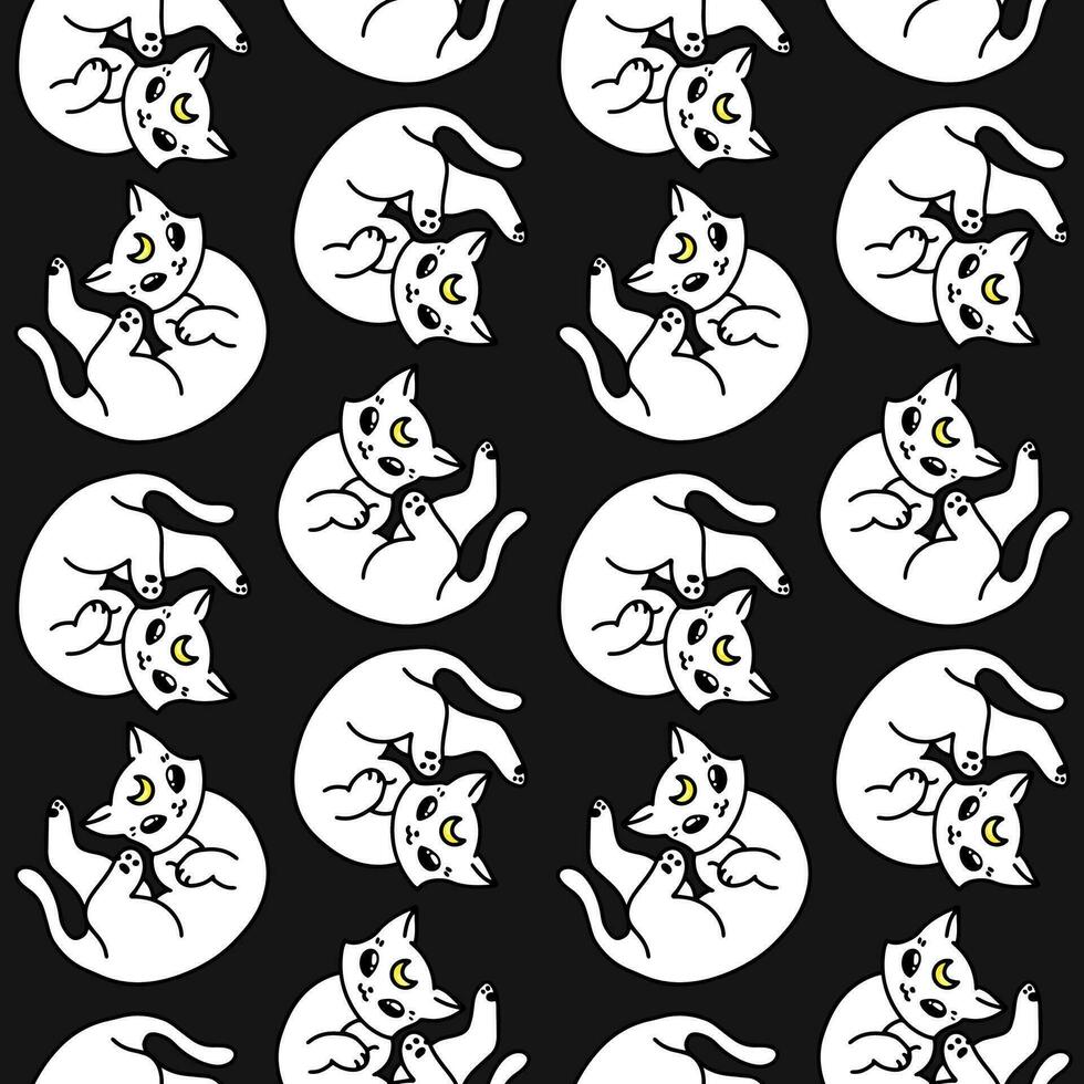 Moon white cat seamless pattern background for Halloween. Cute cartoon kitten character. Vector background texture for printing on fabric and paper. Scary event decoration