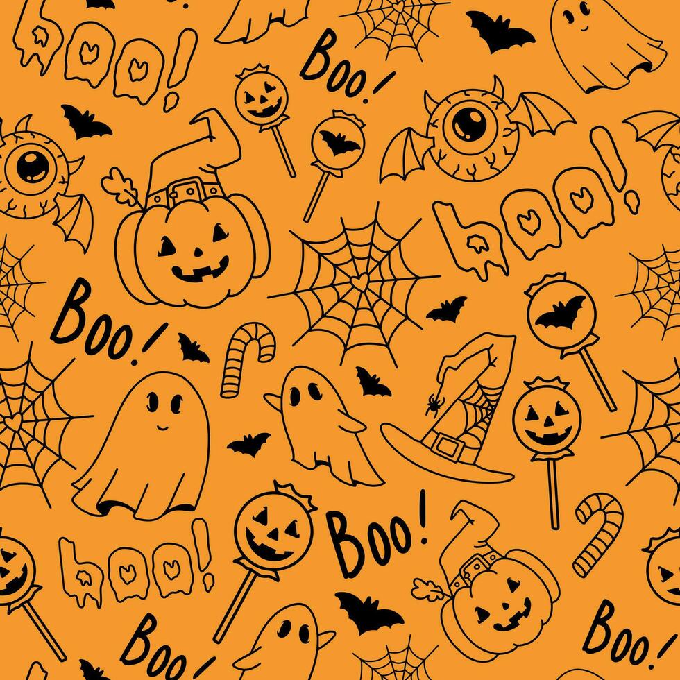 Halloween orange seamless pattern with pumpkins, bats, spiders, ghosts, candies, spider web and speech bubble boo. Vector background texture for printing on fabric and paper.Scary event decoration