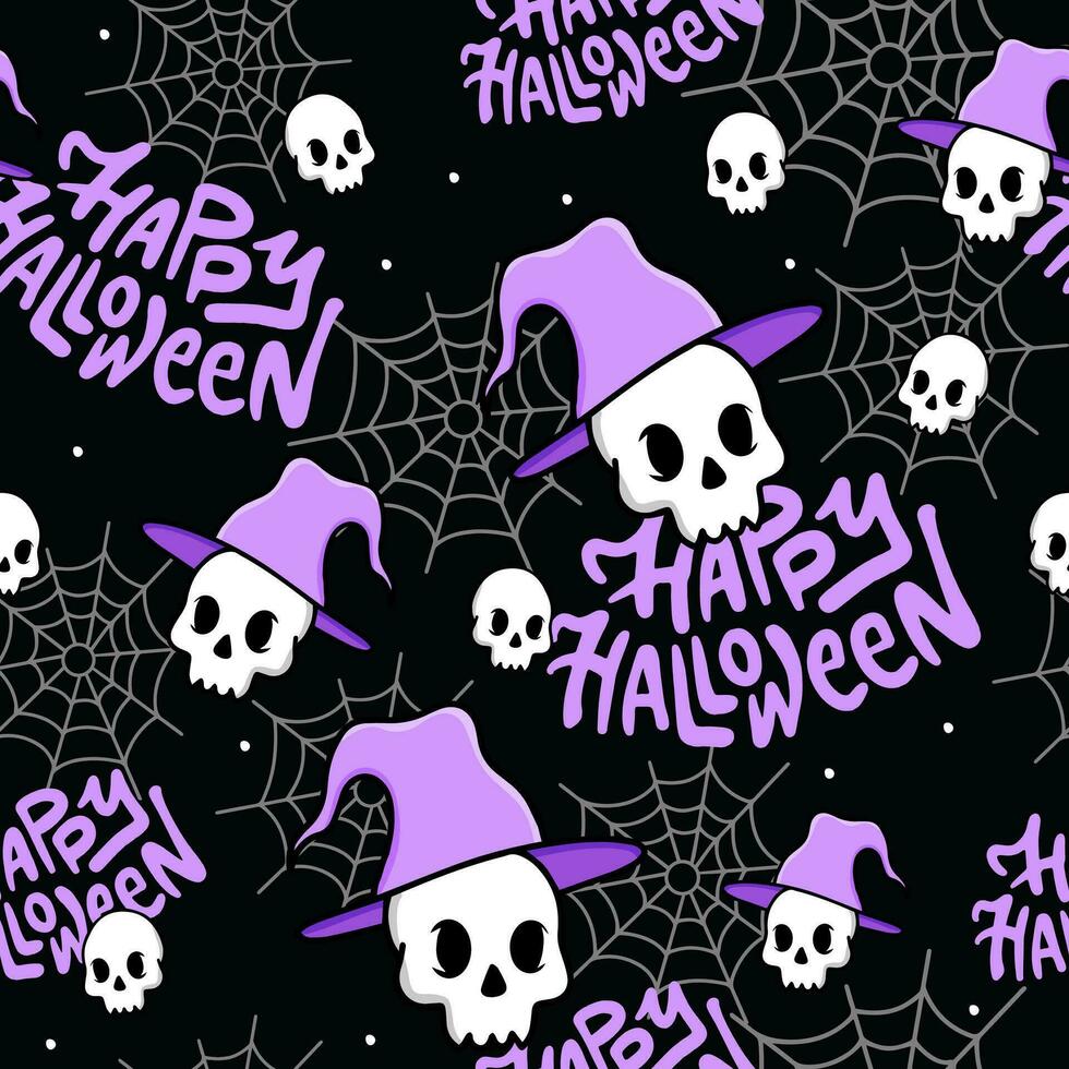 Seamless halloween pattern of human skulls, spider web and lettering. Vector background texture for printing on fabric and paper.Scary event decoration