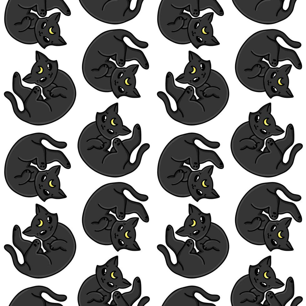 Moon white cat seamless pattern background for Halloween. Cute cartoon kitten character. Vector background texture for printing on fabric and paper. Scary event decoration