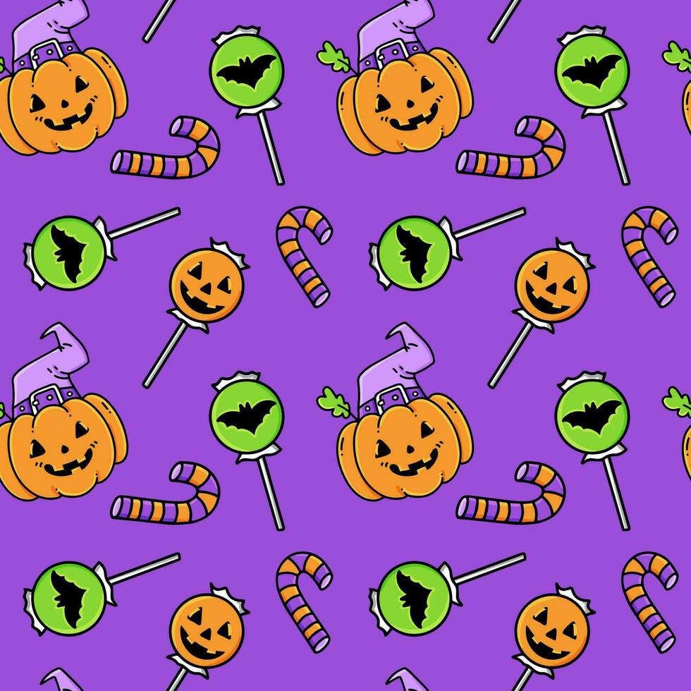 Halloween seamless pattern with pumpkins, candies, caramel, jelly sweets, sugar bonbons, lollipops on sticks.Trick or Treat. Vector background texture for printing on fabric and paper