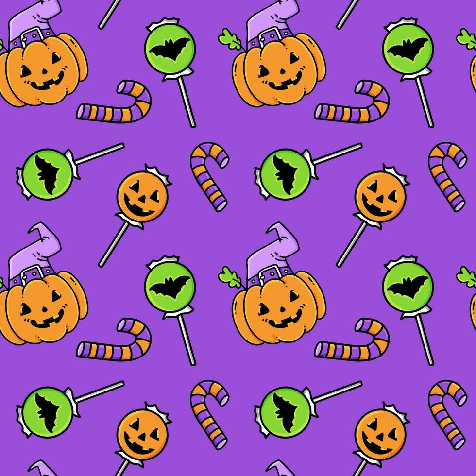Halloween seamless pattern with pumpkins, candies, caramel, jelly sweets, sugar bonbons, lollipops on sticks.Trick or Treat. Vector background texture for printing on fabric and paper