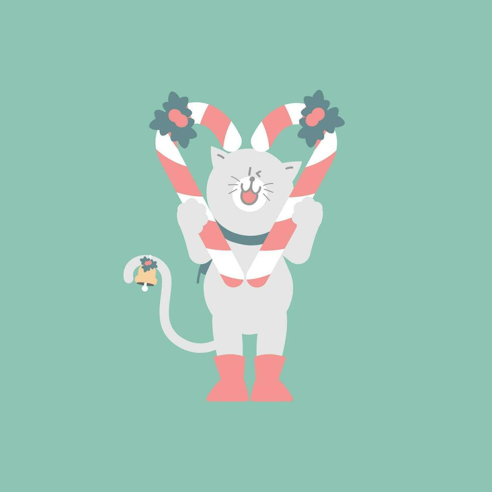 merry christmas and happy new year with cute cat and candy cane in the winter season green background, flat vector illustration cartoon character costume design