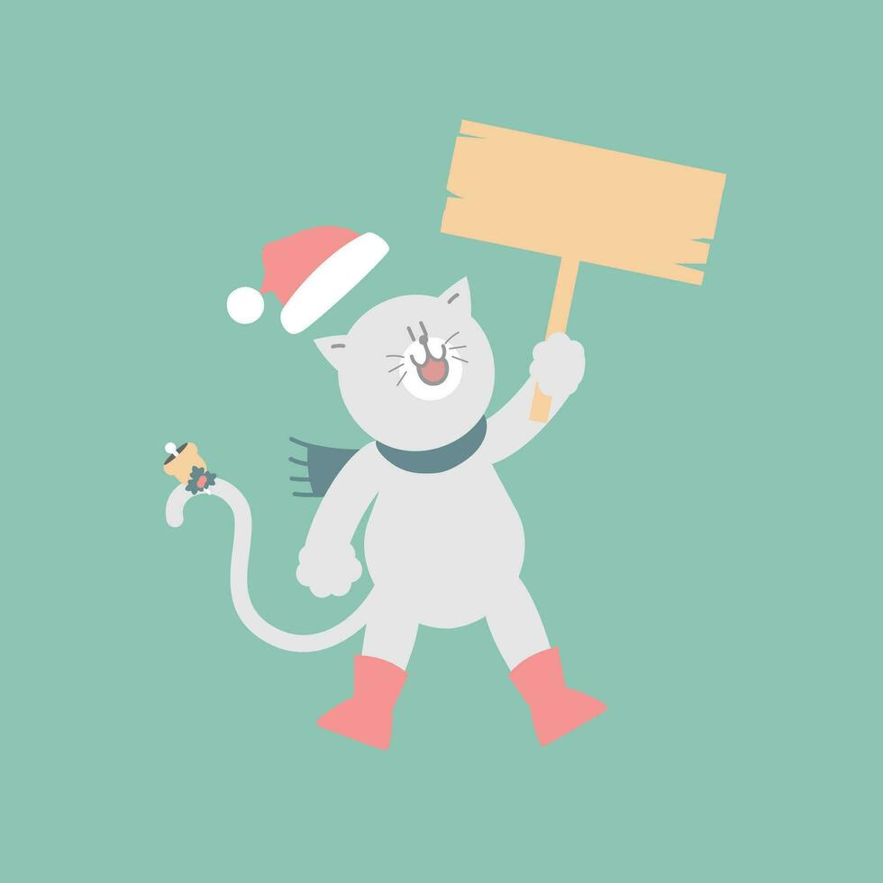 merry christmas and happy new year with cute cat holding blank sign in the winter season green background, flat vector illustration cartoon character costume design