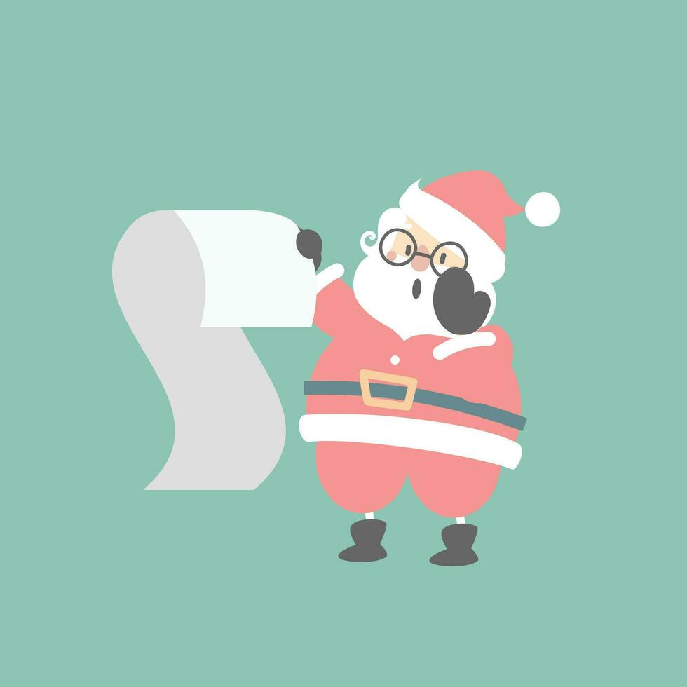 alegre Navidad y contento nuevo año con linda Papa Noel claus mirando a deseo lista en el invierno estación, plano vector ilustración dibujos animados personaje disfraz diseño