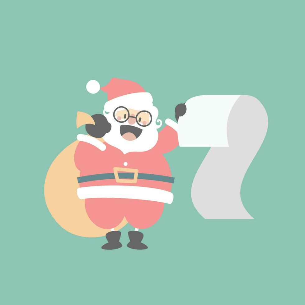 merry christmas and happy new year with cute santa claus holding christmas bag and wish list in the winter season, flat vector illustration cartoon character costume design