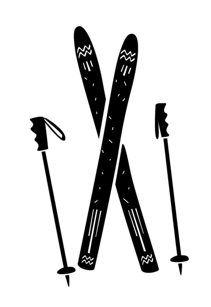 A black-white ski and poles illustration. Winter sport vector. Minimalistic simple icons of ski with pattern vector