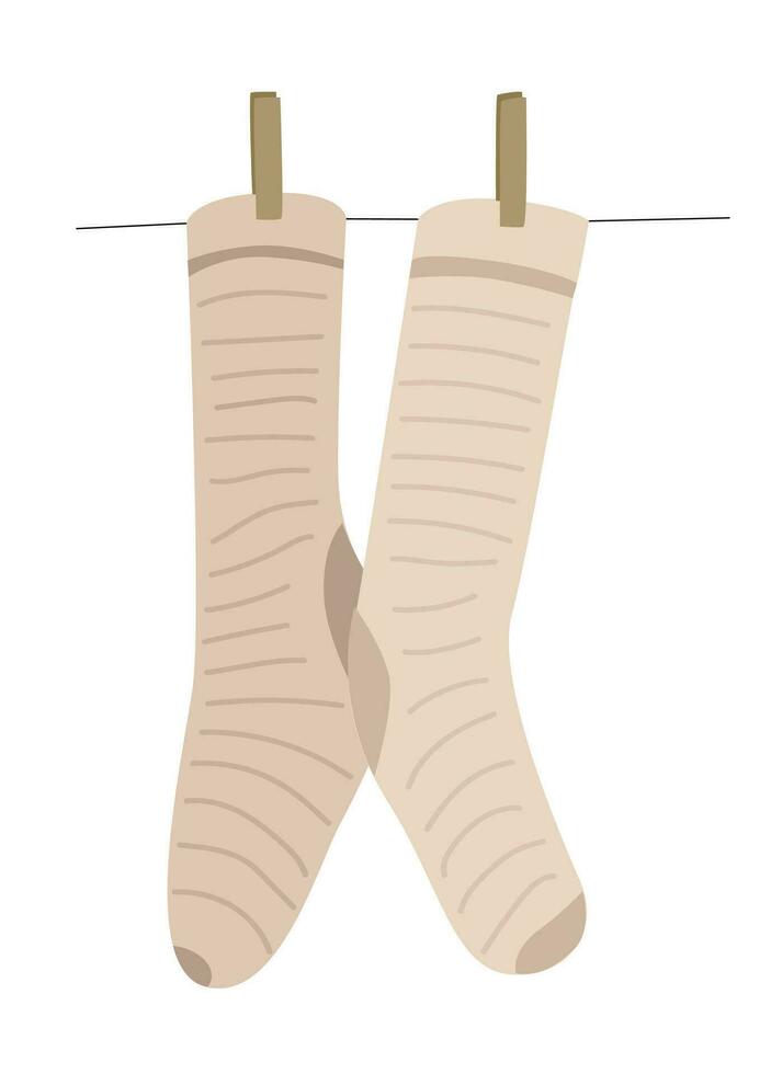 a socks hanging on a rope, clothesline. Flat illiustration vector