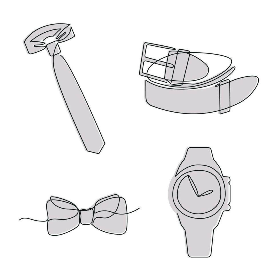 Men's accessories drawn in one continuous line in color. One line drawing, minimalism. Vector illustration.