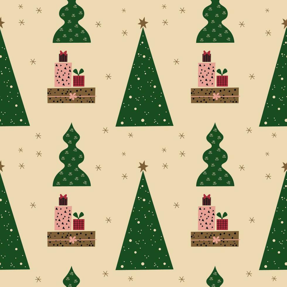 Winter seamless pattern with various decorative Christmas tree and gifts. Festive repeating background with New Year or Christmas ornament for congratulations, packaging, design, card, wrapping, print vector