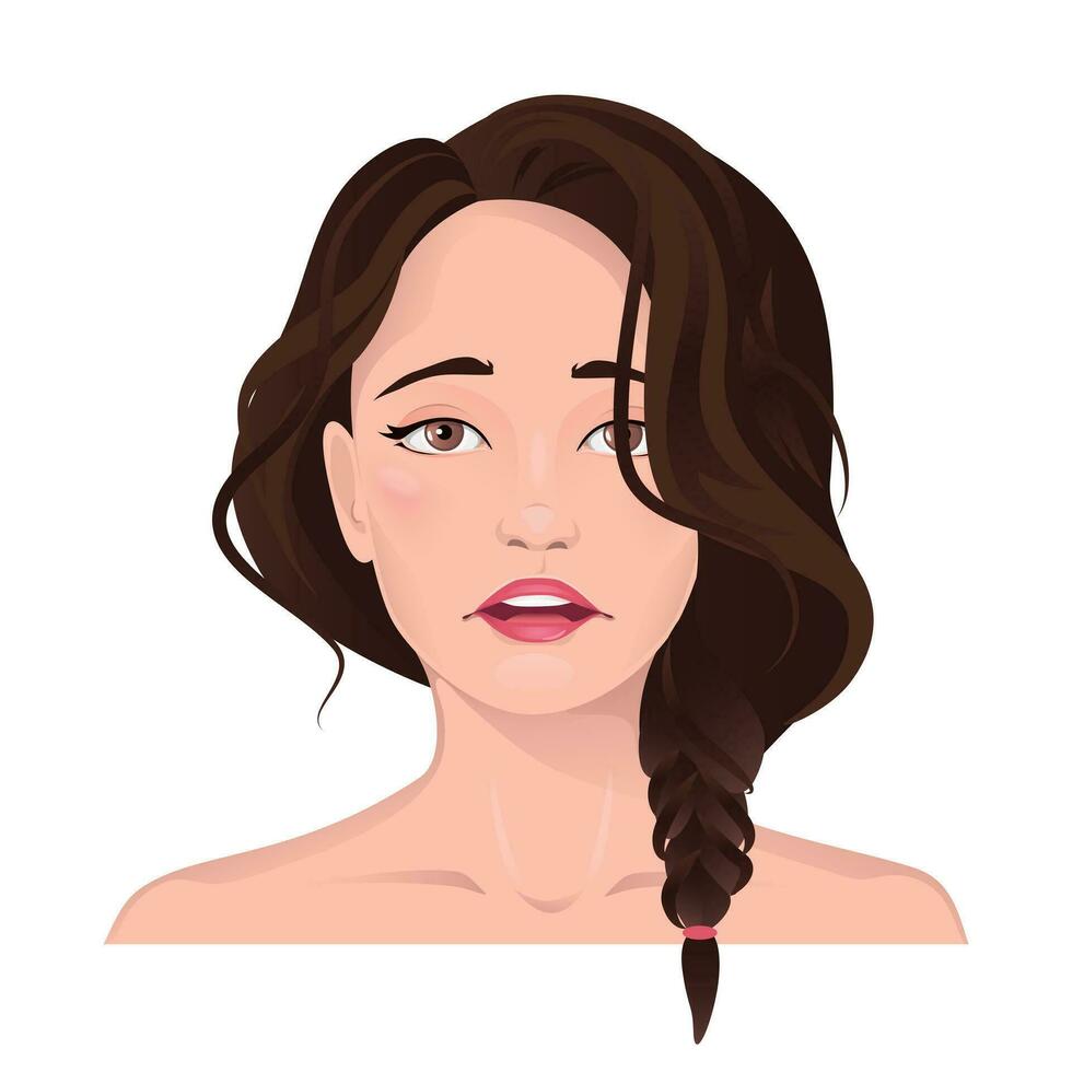 cara retrato de mujer con marrón cabello. facial expresión con gesto aislado vector ilustración. avatar para un social red. vector plano ilustración, web, diseño, belleza y hacer arriba.