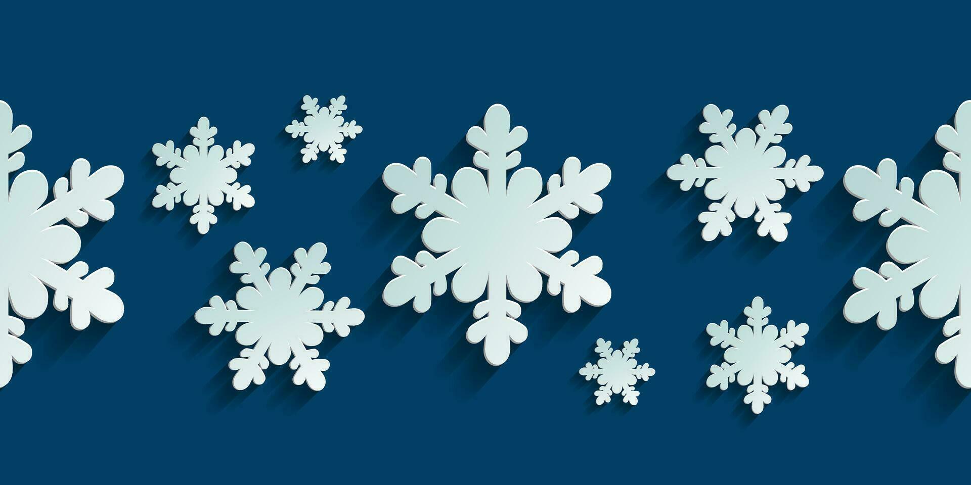 Seamless horizontal pattern with paper cut snowflakes. Christmas design 3D illustration on blue colored background for presentation, banner, cover, web, flyer, card, sale, poster and social media. vector