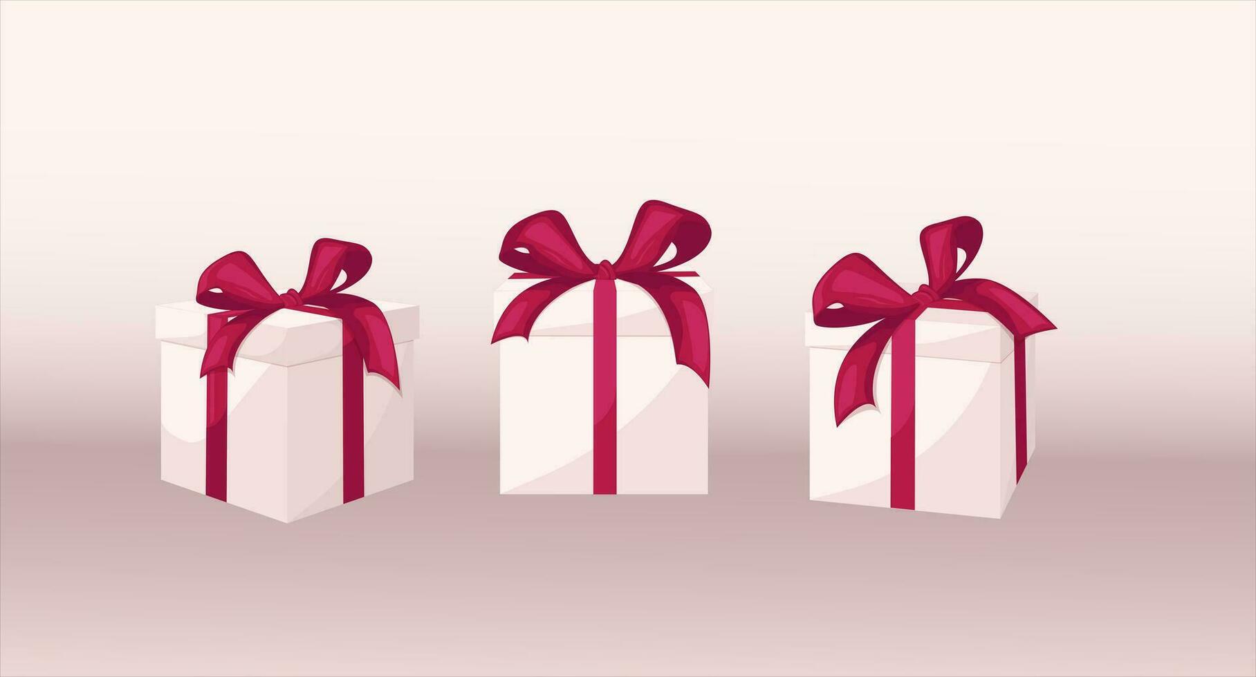 White gift boxes with red bow and ribbon. Holiday present boxes. Cube shape gift boxes, in front view. Template for greeting card on Christmas, New Year, birthday and anniversary vector