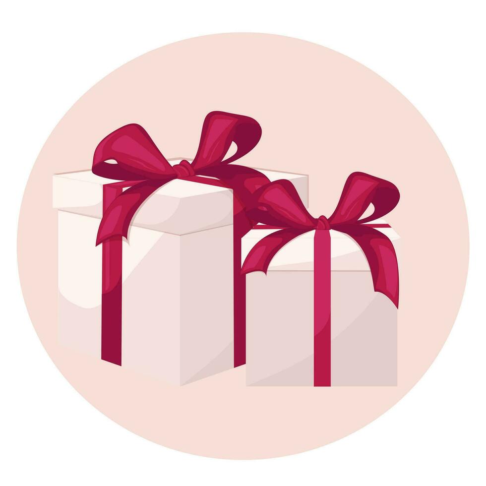 White gift boxes with red bow and ribbon. Holiday present boxes. Cube shape gift boxes, in front view. Template for greeting card on Christmas, New Year, birthday and anniversary vector