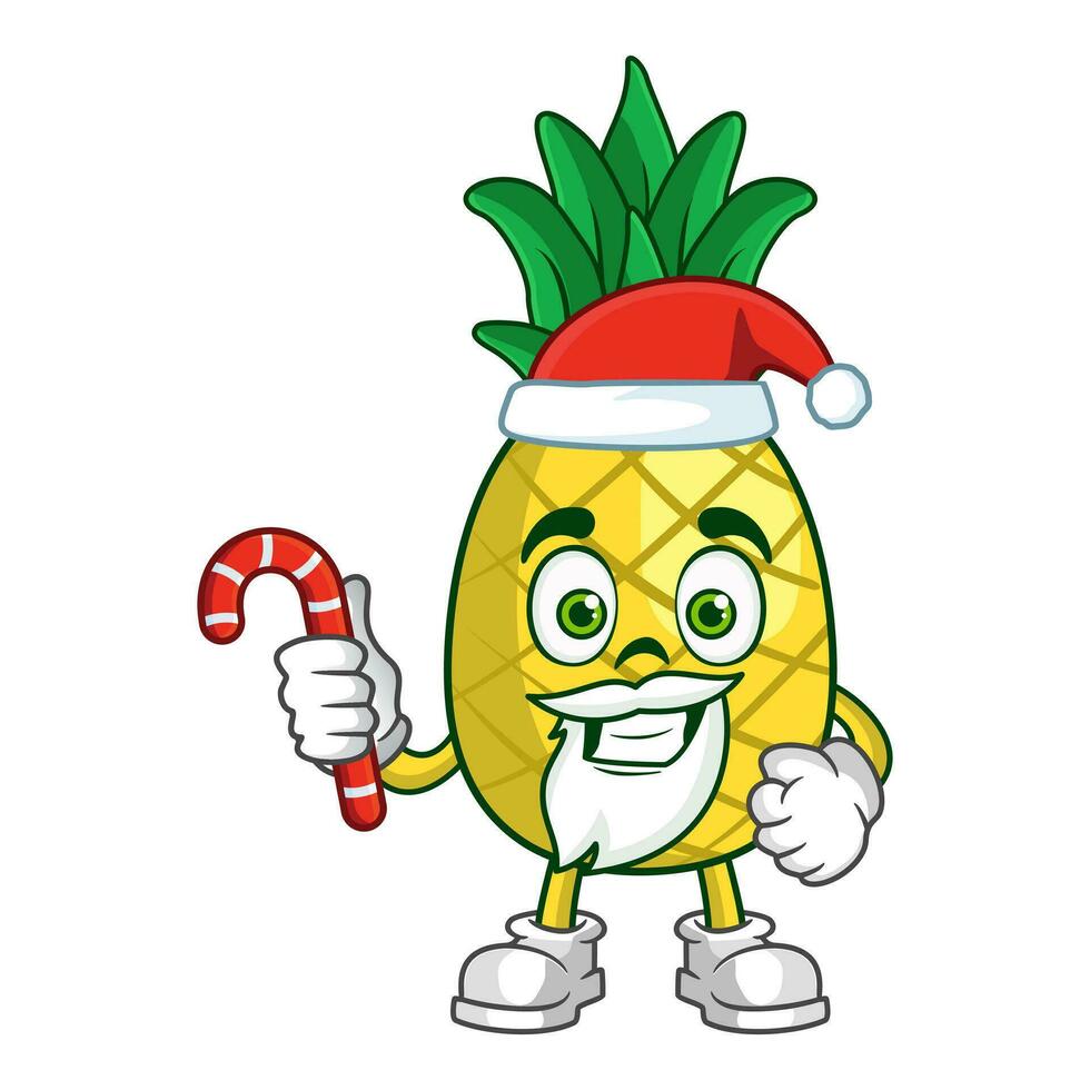 Pineapple fruit santa cartoon character holds christmas candies vector