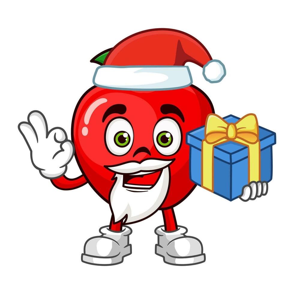 Strawberry fruit santa cartoon character holding a gift vector